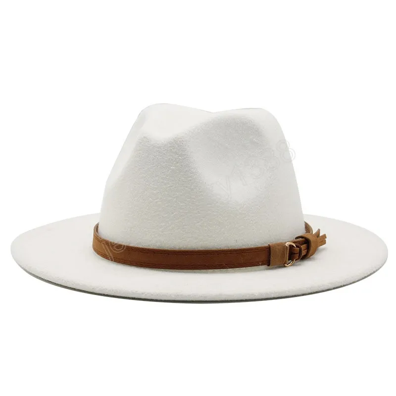 Chapéu Fedora Simples Feminino de Lã com Fita de Couro Cavalheiro Elegante Senhora Aba Larga Jazz Church Panama Boné Sombrero