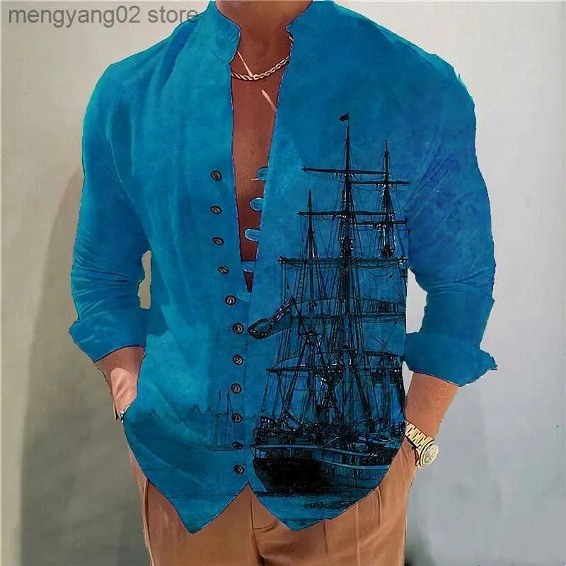 Мужские повседневные рубашки весенняя осень парусная лодка печатная печать горячая распродажа мужские рубашки с длинными рукавами с твердым цветом. Стоящий воротник повседневный стиль плюс размер рубашки T230714