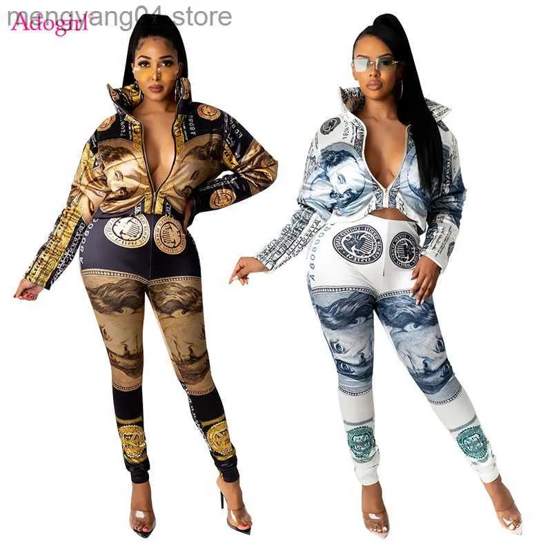 Pantalon deux pièces pour femmes Adogirl Dollar Print Ensemble deux pièces Automne Hiver Femmes Survêtement Zipper Manches Longues Veste Courte Crayon Pantalon Mode Costumes Décontractés T230714