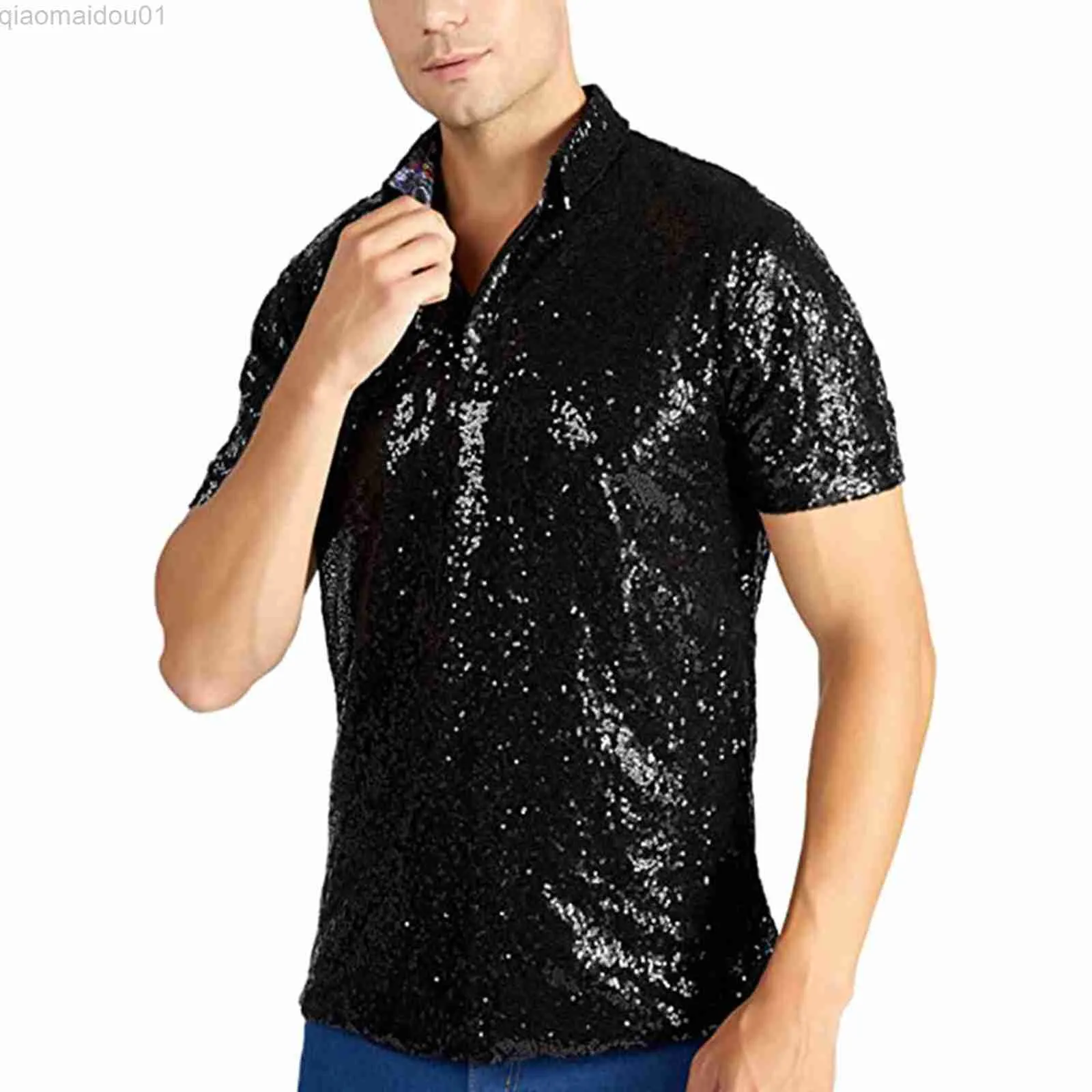 Camisetas Masculinas Descontraídas de Manga Curta Turndown Brilhantes Lantejoulas Pólos Camisas Camisas Discotecas Festas dos Anos 70 Camisas Masculinas Crotch L230713