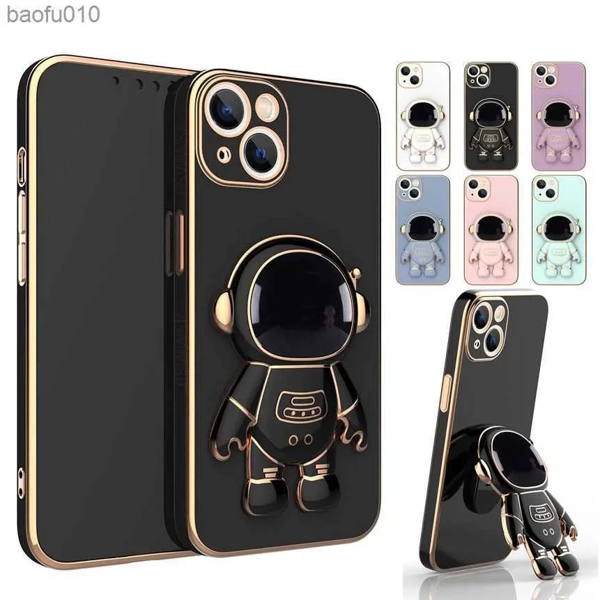 3D Astronaut Folding Stand Holder Phone Case For iPhone 14 13 12 11 Pro Max XR XS 7 8 Plus SE 2022 Plating ShockProof Case Cover L230619