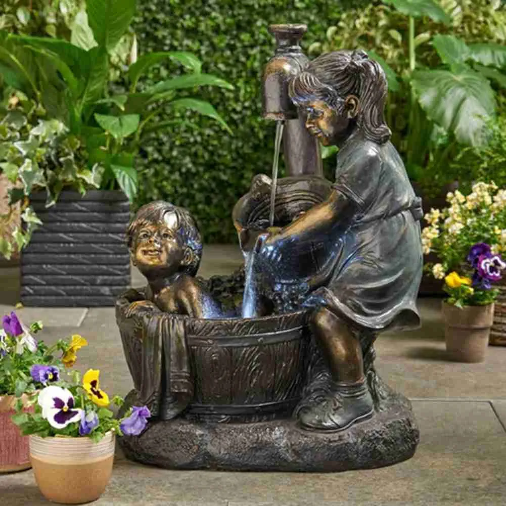 Resin Waterfall Garden Statue Boy And Girl Water Flow Ornament For