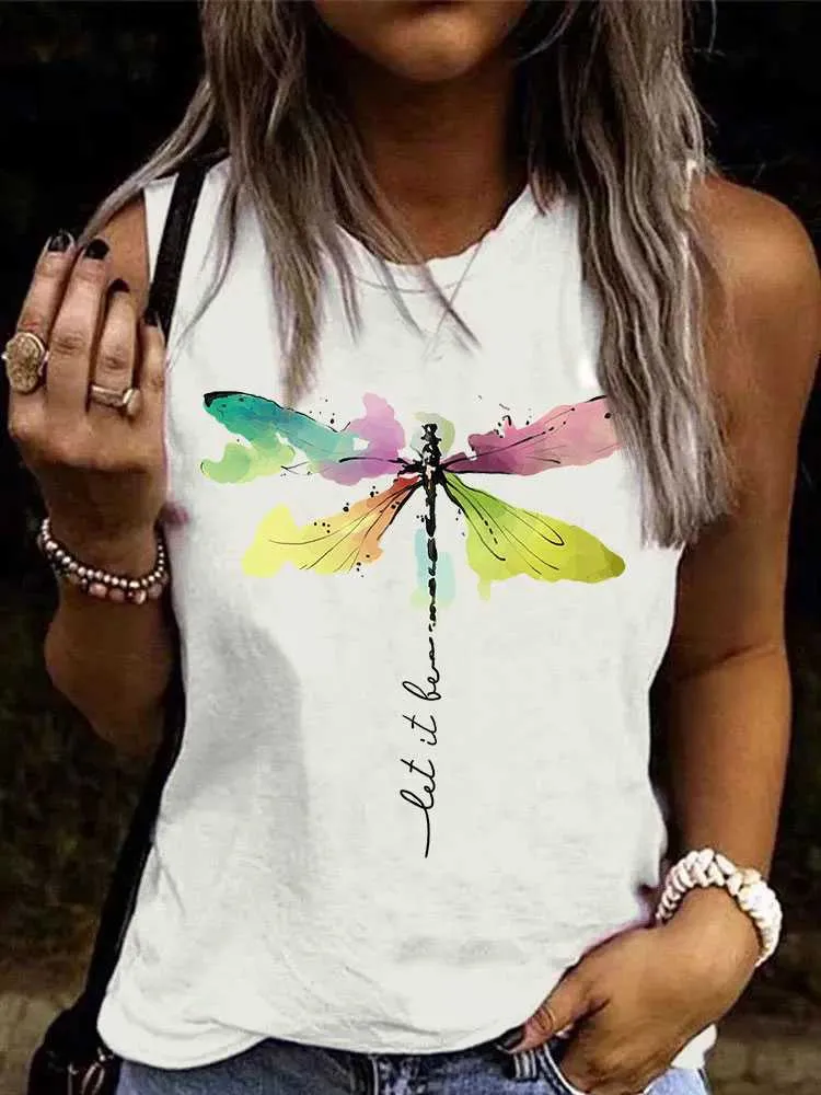 Koszulka damska zabawne powiedzenie koszule niech to jest abstrakcyjne listew czołgi dla kobiet Dragonfly graficzne koszulki z rękawami