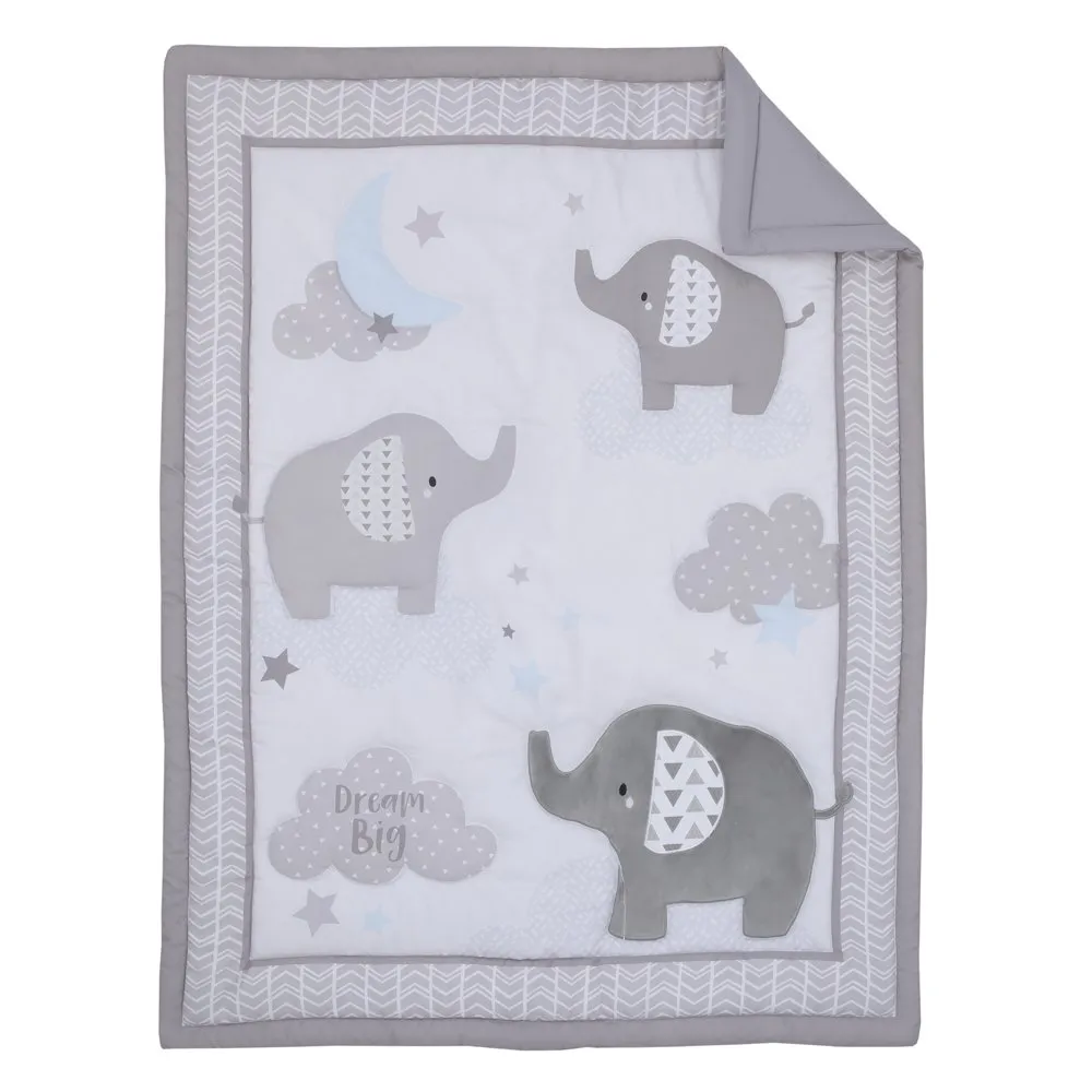 Little Love av Nojo Elephant Stroll Gray and White 3 Piece Nursery Crib Bedding Set, Composter, Sheet, Crib Kjol, Unisex