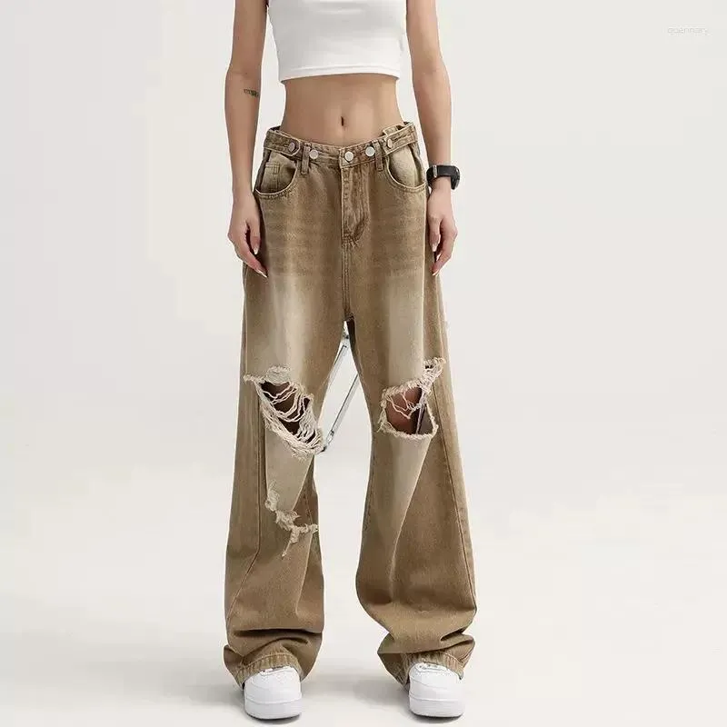 Jeans da donna Sexy Vita bassa Strappato Donna Anni '90 Retro Foro Pantaloni larghi in denim Donna Estate Khaki Grigio Y2k Streetwear Pantaloni dritti