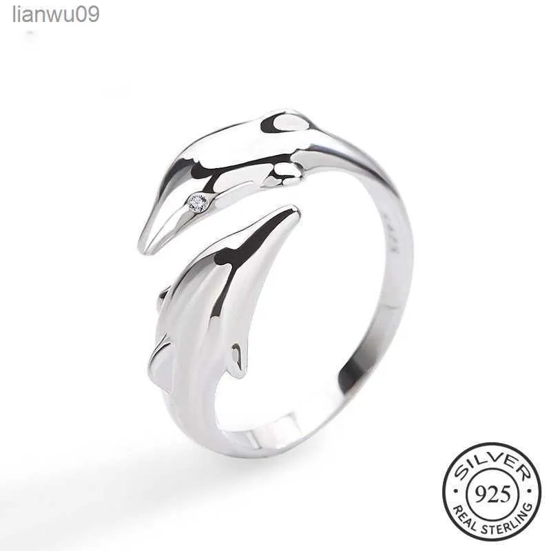 Genuine 925 Sterling Silver Smooth Surface Cute Animal Dolphin Adjustable Ring Fine Jewelry For Women Party Bijoux Gift L230704