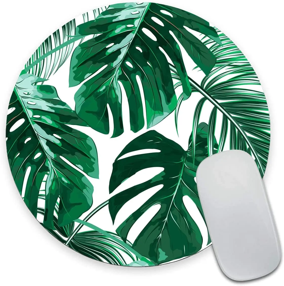 Round Computer Mouse Pad Green Tropical LeavesPremium-Textured Mouse Pad Washable Mousepad with Lycra Cloth Non-Slip Rubber Base