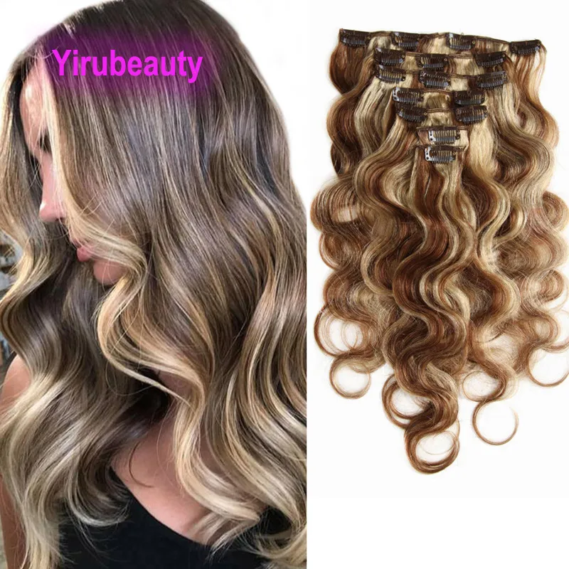 Braziliaanse Human Hair Clip In Hair Extensions 10-30 inch 120g 70g Body Wave 4/613 Piano kleur Yirubeauty