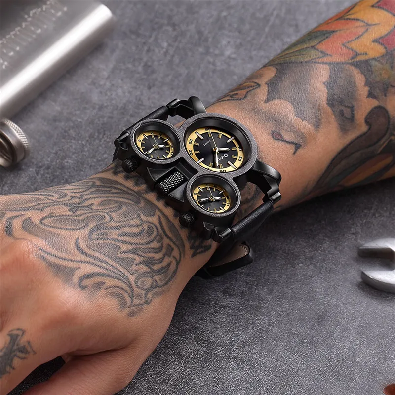 DHgate Punk Style Mens Watches Oulm 1167 New Retro Male Quartz Watch Unique 3 Time Zone Quartz Clock Leather Man Military Wristwatch Watches