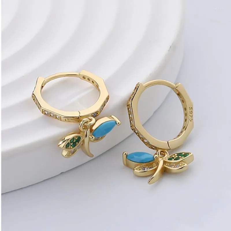 Boucles d'Oreilles Femme S925 Argent Pur Champagne Or Libellule Bleu Turquoise Zircon Hexagonal Bijoux Fantaisie