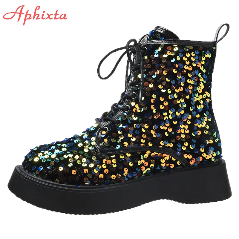 Bottes Aphixta hiver plate-forme femmes chaussures Bling coloré 4 cm talon épais en peluche chaud à lacets cheville femme bateaux 230714