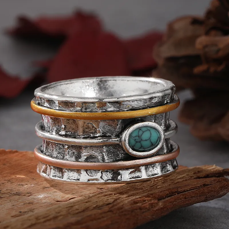 Bague de largeur de Style bohème rétro incrustée de pierre verte ovale deux tons Design bagues pour femmes personnalité Couple bijoux