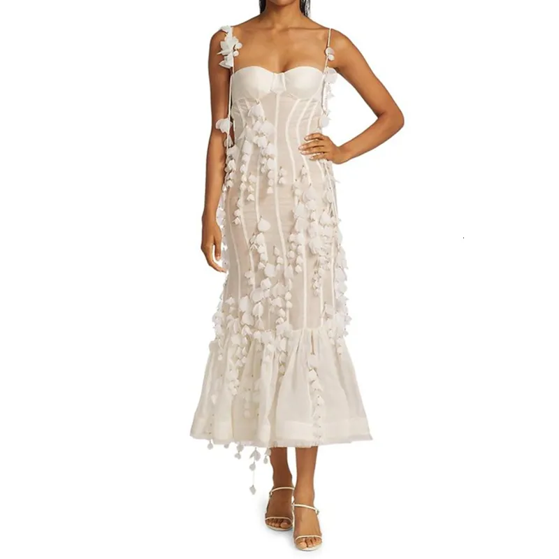 Fairycore A-Line Midi White embroidered dress with 3D Flower Detail and Spaghetti Straps - Sexy Women's White embroidered dress for Clubwear (2000s) Fairycore A-Line Midi White embroidered dress with 3D Flower Detail and Spaghetti Straps - Sexy Women's White embroidered dress for Clubwear (2000s)