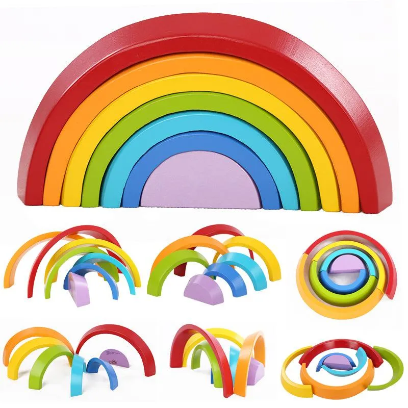 7PcsSet Bambini Arcobaleno in legno Blocchi Creativo Edificio in legno Impilabile Puzzle Montessori Blocchi colorati Sort Giocattolo educativo ZZ