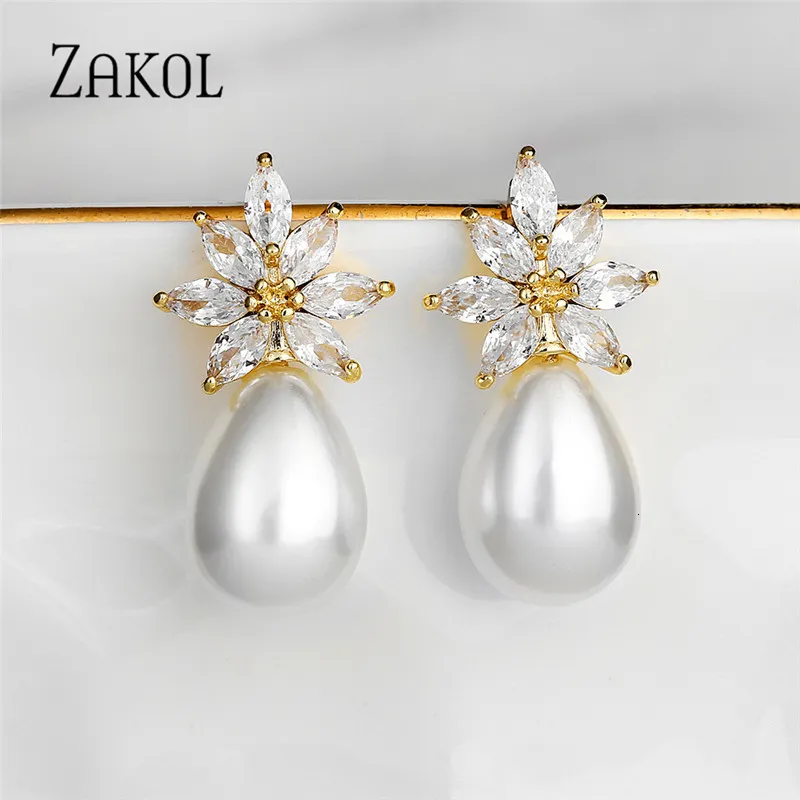 Stud ZAKOL Moda Brincos de Pérola para Mulheres Luxo Feminino AAA Zircônia Cúbica Folha Flor Presentes de Aniversário EP2861 230714