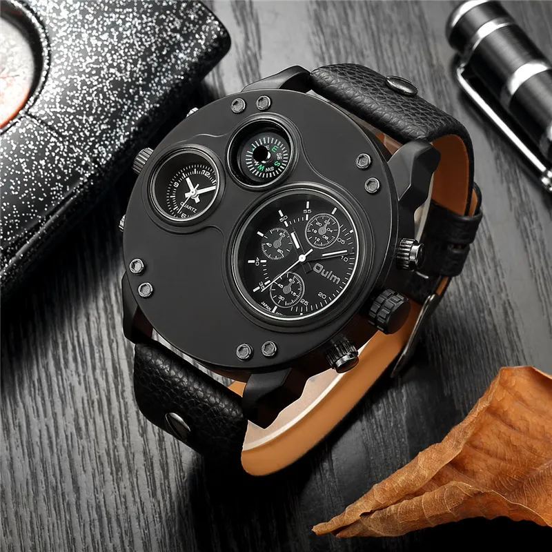 Oulm, relojes deportivos únicos para hombre, marca de lujo, reloj de pulsera de dos zonas horarias, brújula decorativa, reloj de cuarzo para hombre, reloj masculino