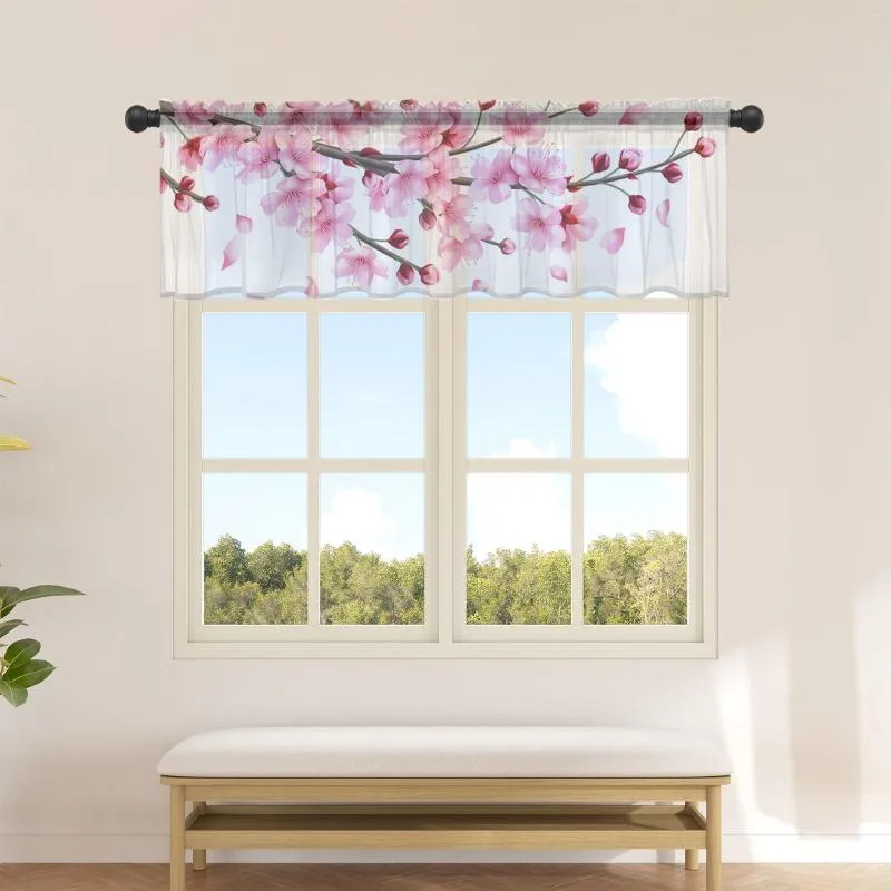 Curtain Cherry Blossom Branch Pink Flower White Short Tulle Half-Curtain For Kitchen Door Drape Cafe Small Window Sheer Curtains