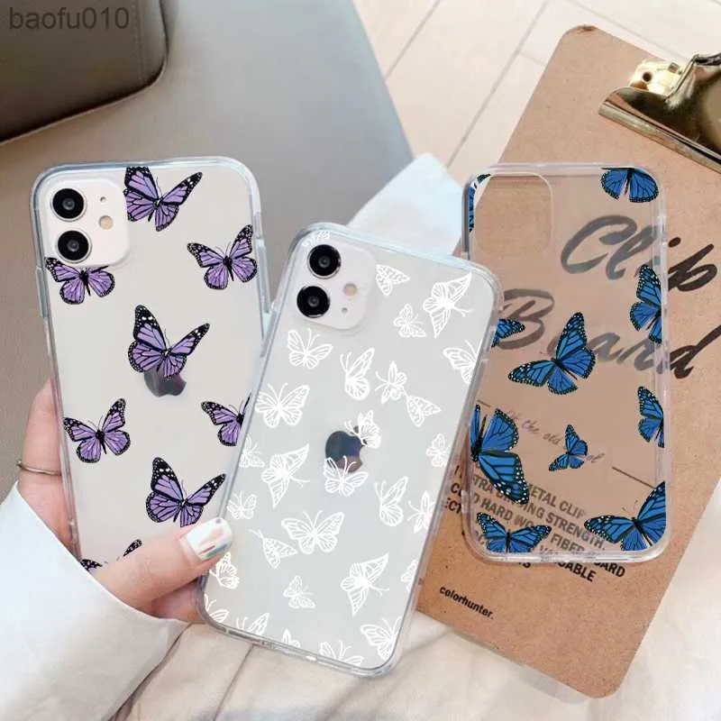 Papillon Téléphone étui pour iPhone 8 7 6 6S Plus Couverture Pour iPhone 13 12 Pro Mini 11 Pro Max XS Max XR X 5 5S SE 2020 Clair TPU Capa L230619