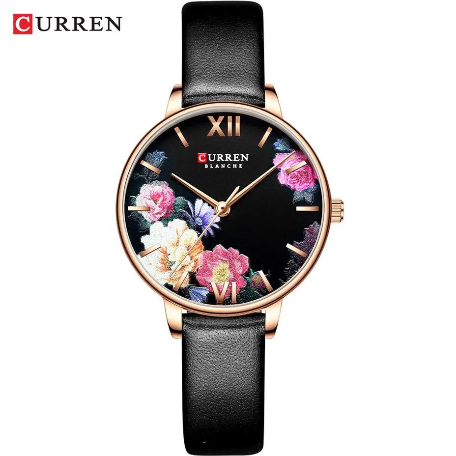 Mode Trend Flower Leather Watches Curren Classic Black Wristwatch Female Clock Ladies Quartz Watch Relogios Feminino260R