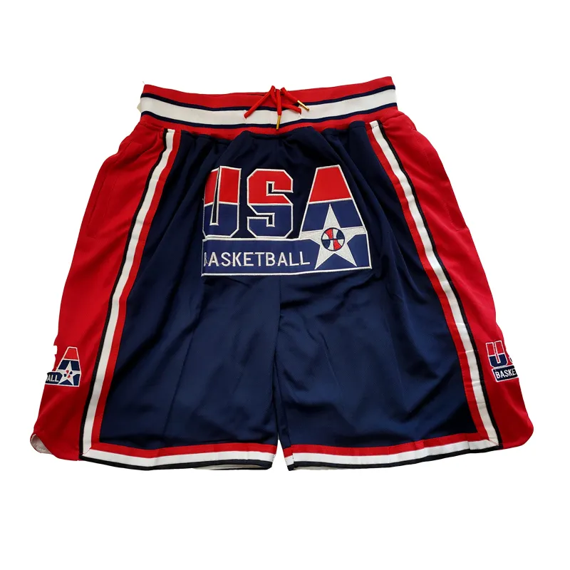 Heren Shorts Basketbal Shorts USA 1992 Rits vier zakken Naaien Borduren Outdoor Sport Shorts Hoogwaardige Strandbroek WIT Blauw 230713