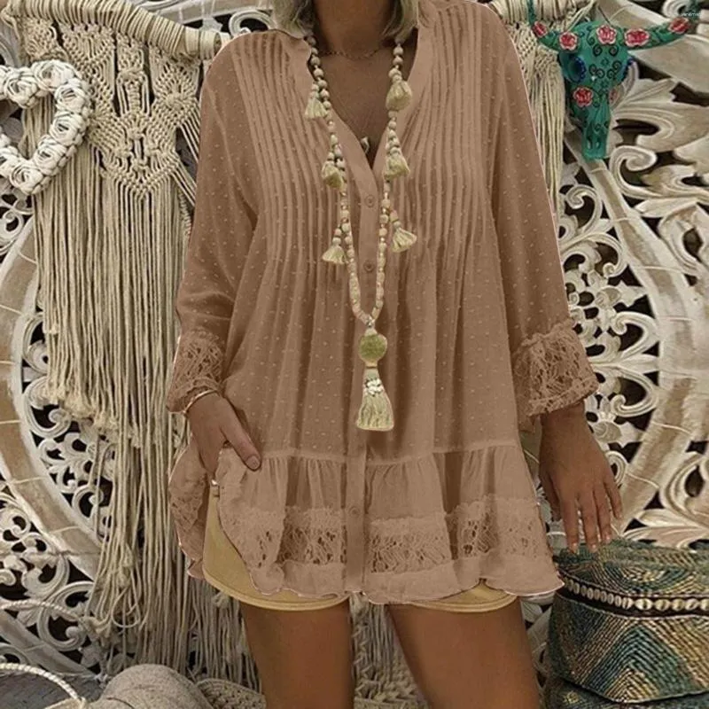 Camicette da donna 2023 Donna Etnico Casual Chiffon Boho Beach Vacation Style Vintage Loose Lace Splice Manica lunga Camicia taglie forti