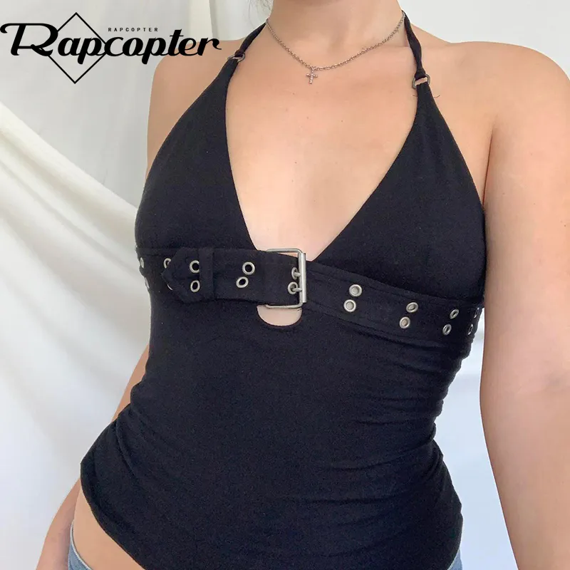 Damen Tanks Camis Rapcopter y2k Bandage Crop Top Schwarz Rückenfreies Trägertop Spitzentop Süßes Party Strand Sommerpullover Damen Vintage Basic Mini Tank Top Punk 230714