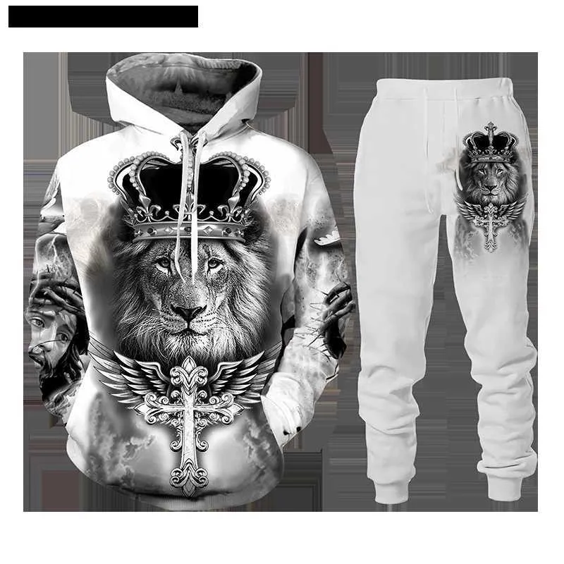 Herren-Trainingsanzüge The King 3D-gedruckter Löwe-Trainingsanzug-Sets, Jungen/Herren, lässige grafische Hoodies, Anzug, Streetwear, Pullover, Sweatshirt, Hosen, Familien-Outfit, T230714