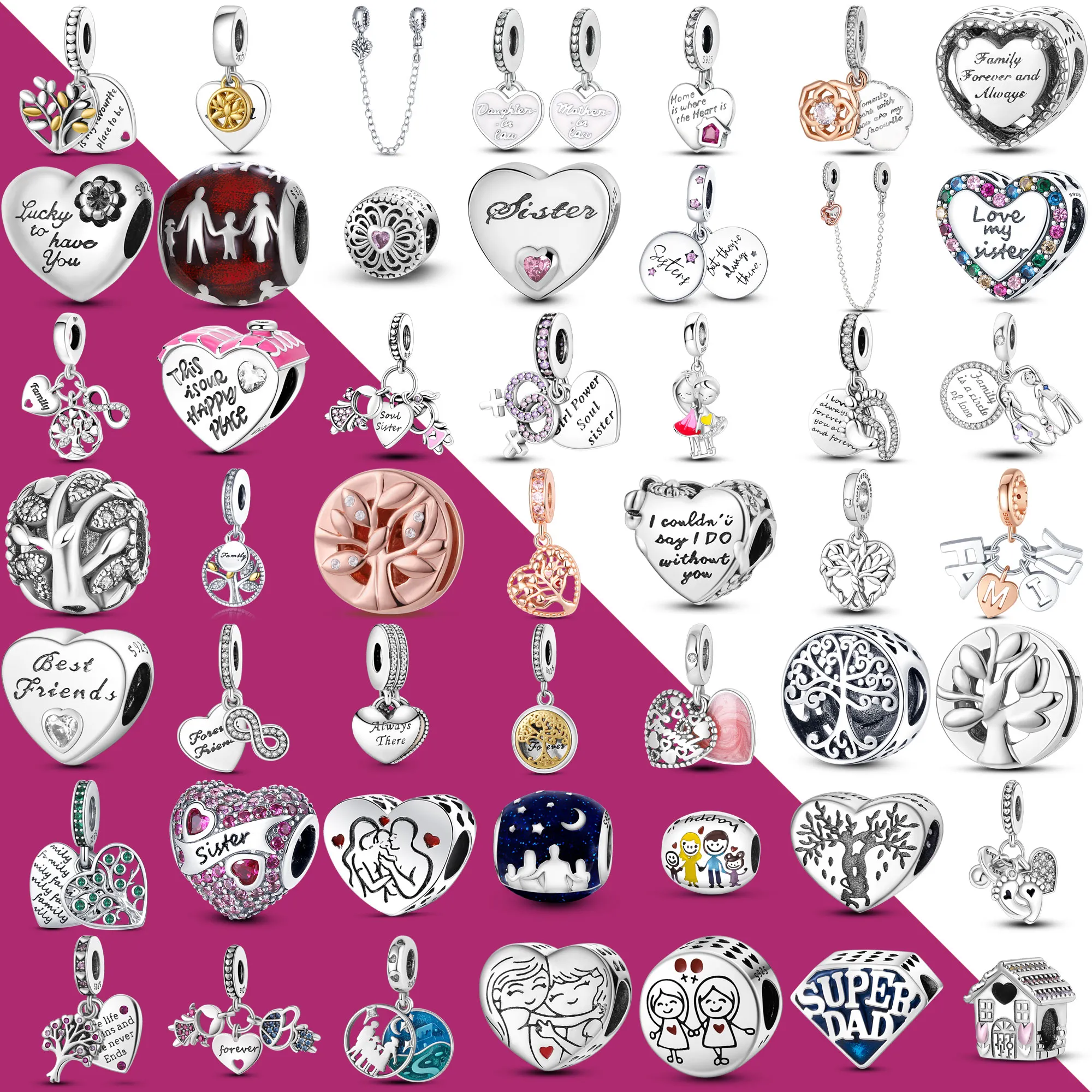 925 Silver Fit Pandora Charm Family Friendship Heart Shape Bead Dangle Fashion Charms Set Pendant DIY Fine Beads Jewelry