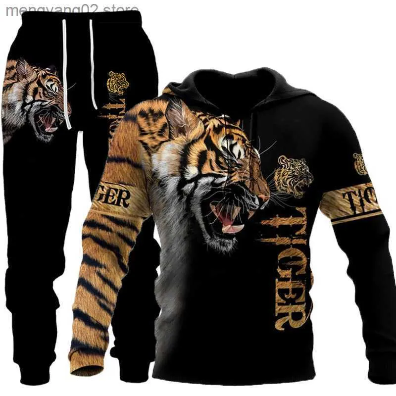 Men's Tracksuits The Tiger 3D Printed Men's Sweatshirt Hoodies Set Men's Lion Tracksuit/Pullover/Jacket/Pants Sportswear Autumn Winter Male Suit T230714