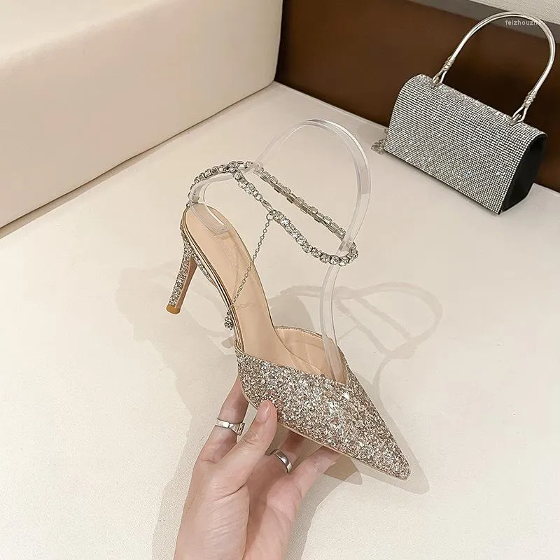 Sandals High 3880 Fashion Heels Rhinestone Flash Piece Temperament Beautiful Wedding Shoes Pointed After The Empty Single Shoe Women's Summer