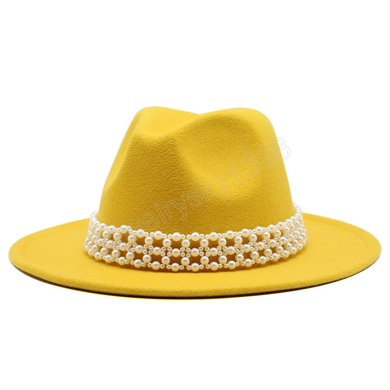 Sombrero Fedora de lana blanca para hombres y mujeres con cinta de perlas Caballero elegante señora invierno otoño ala ancha Iglesia Panamá Sombrero Jazz Cap