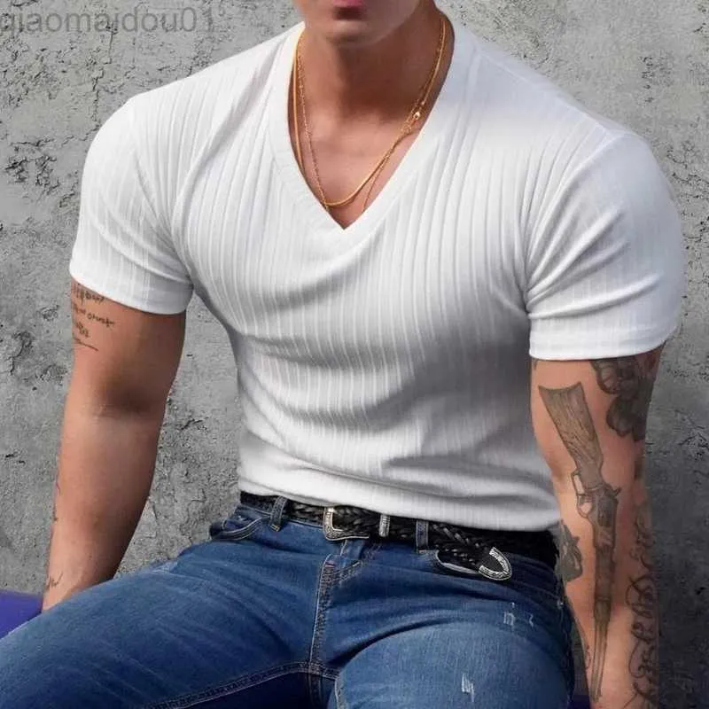 Men's T-Shirts Classic V Neck Solid Color Ribbed Basic T Shirts Men's Slim Short Sleeve Strech Sports Tees Men Clothes Summer Fashion Pullovers L230713