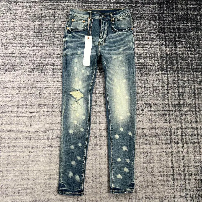 Jeans Uomo Lavato Splash-Ink Strappato Blu Fashion Brand Alta Qualità