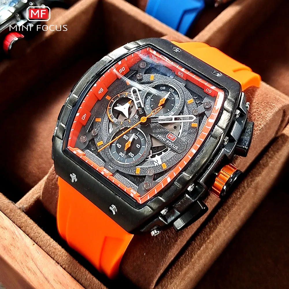 MINI FOCUS Chronographe Quartz Montre pour Homme Tonneau Cadran Militaire Sport Montre-Bracelet avec Bracelet en Silicone Orange Date Automatique 0399