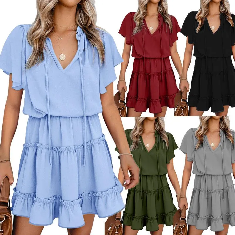 Casual Dresses Summer Women's V-Neck Loose Pullover Dress Fashion Simple Kne Length Female and Lady