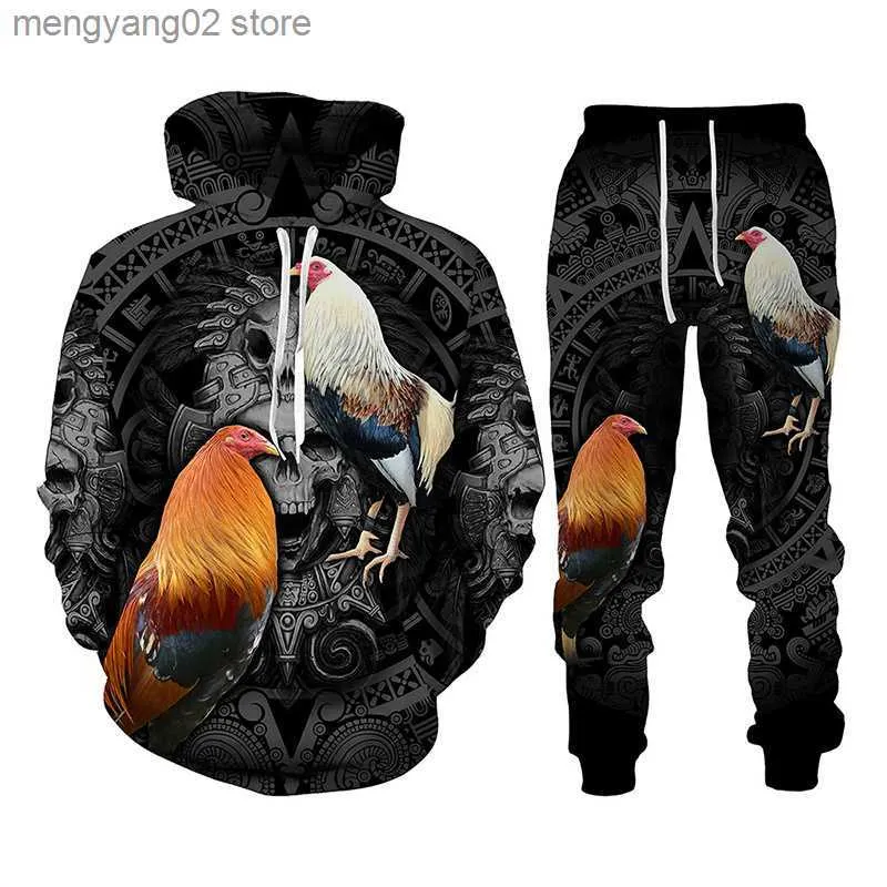 Fatos de treino masculinos Cool Rooster Hunting Camo Impresso em 3D Hoodies Moletom Conjunto de calças de moletom masculino Unissex Fato de treino masculino Moda Roupas masculinas Terno T230714