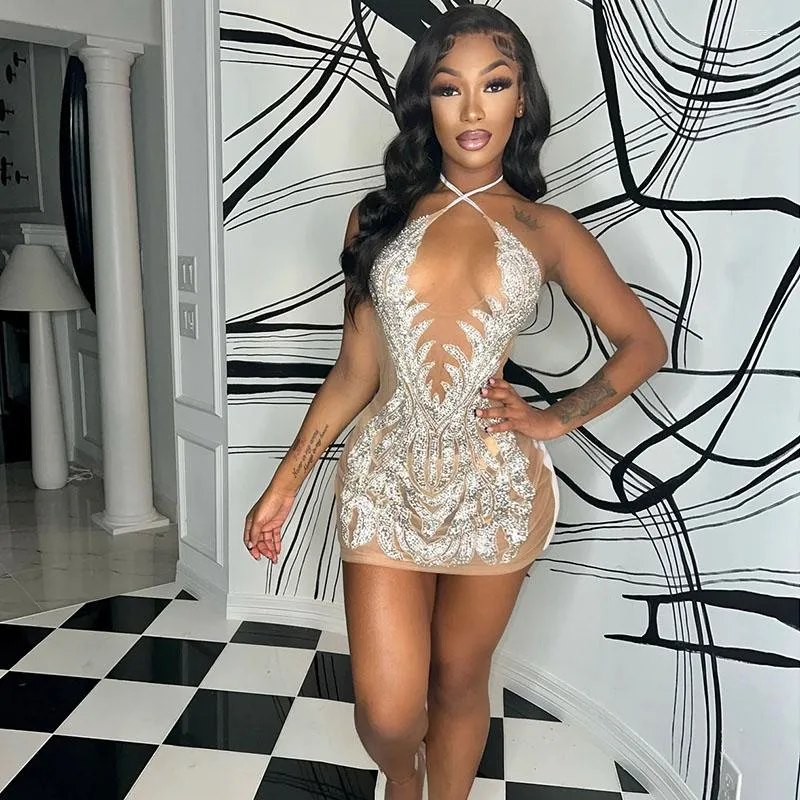 Sparkling Rhinestone Mesh Mini Dress With Halter... From Fashasha, $10.88  In Bulk | DHgate.Com