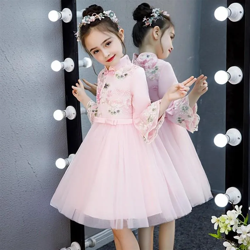 Ethnic Clothing Pink Girls Cheongsam Embroidery Flower Chinese Dress Mandarin Collar Birthday Party Kids Princess Formal277H