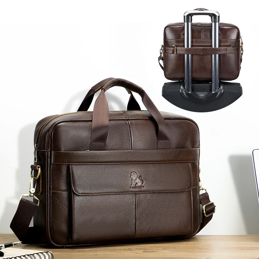 BROCKASES LAOSHIZI MENS LEATHER BAG Office Messenger Portcase Man äkta 156 "Laptop väskor Male Handväskor Crossbody 14 Computer 230713