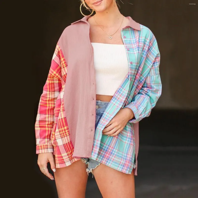 Women's Blouses Womens Plaid Patchwork T-shirts Button Down Shirt Long Sleeve Oversized Tops Lapel Collar Tunic Tee Spring Autumn Top