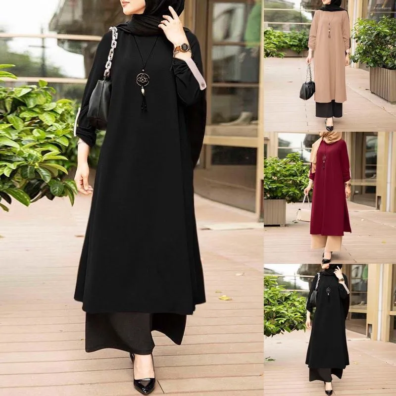 Abbigliamento etnico Donna Stile musulmano Arabo Tinta unita Semplice Girocollo Manica lunga Abito con spacco laterale Sciarpa di cotone Hijab Donna