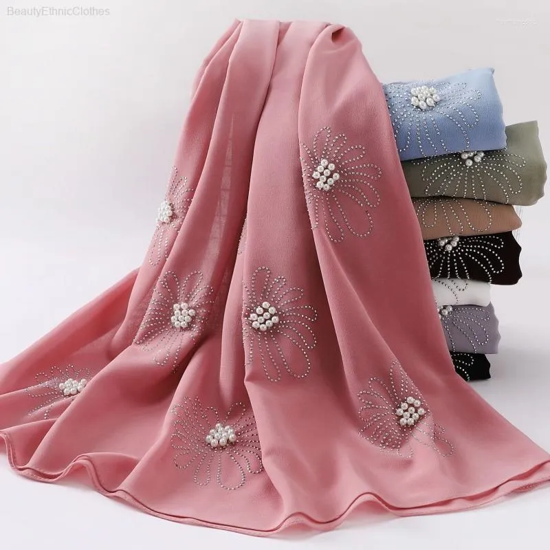 Foulards été femmes musulmanes plaine perles longue écharpe Wrap islamique arabe Hijab châles malaisie bandeau 175 70cm