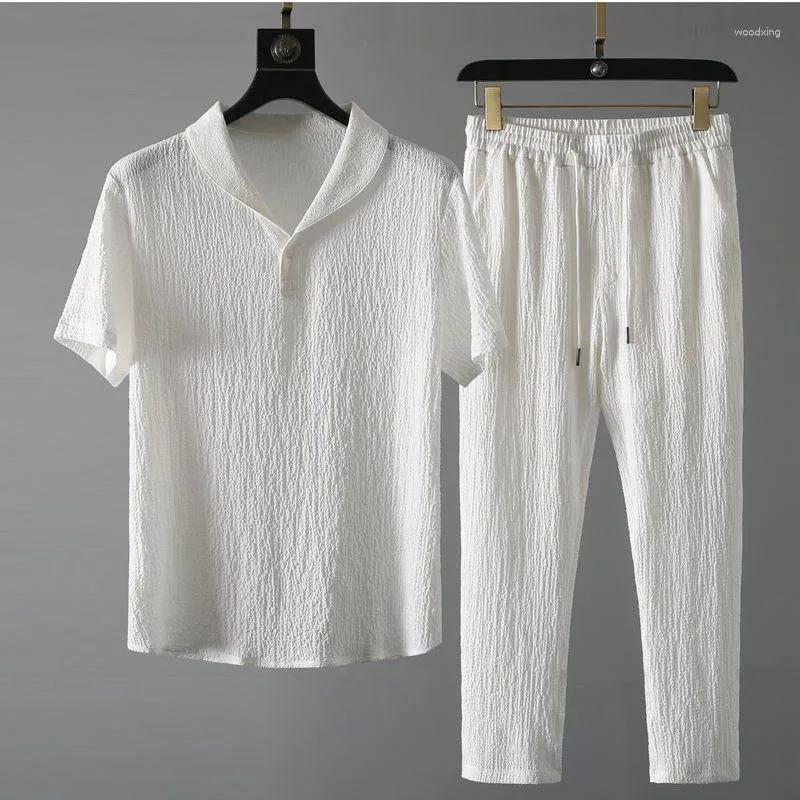 남성용 트랙복 여름 단색 2 피스 세트 주름 클래식 티셔츠 캐주얼 바지 패션 셔츠 바지 스포츠 정장