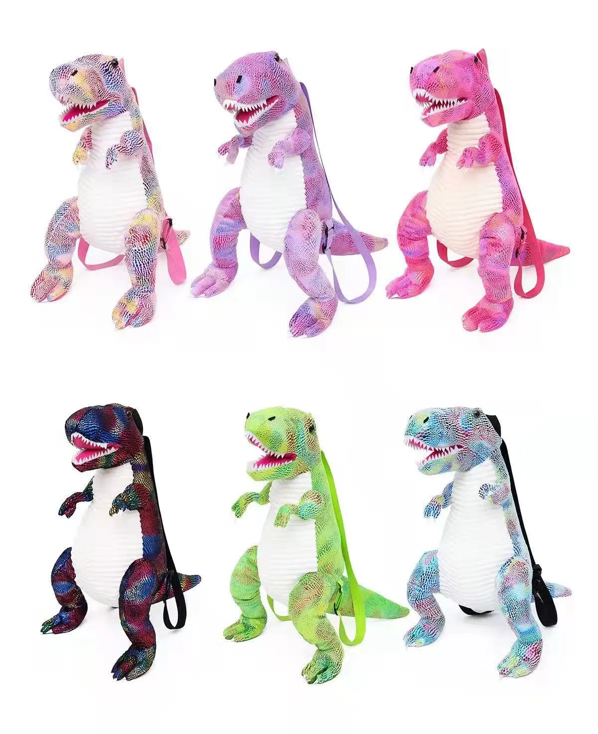 Zainetto di peluche colorato popolare di moda primaverile Zaino per bambini del fumetto di Tyrannosaurus Rex personalizzato