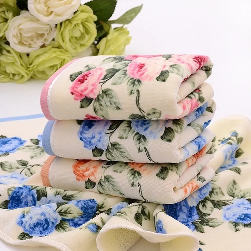 Serviette 3pcs / lot 34 75cm 110g 100 coton visage 3 couleurs Pivoine Floral Bain Sports Gym Camping Séchage Rapide Tissu 230714