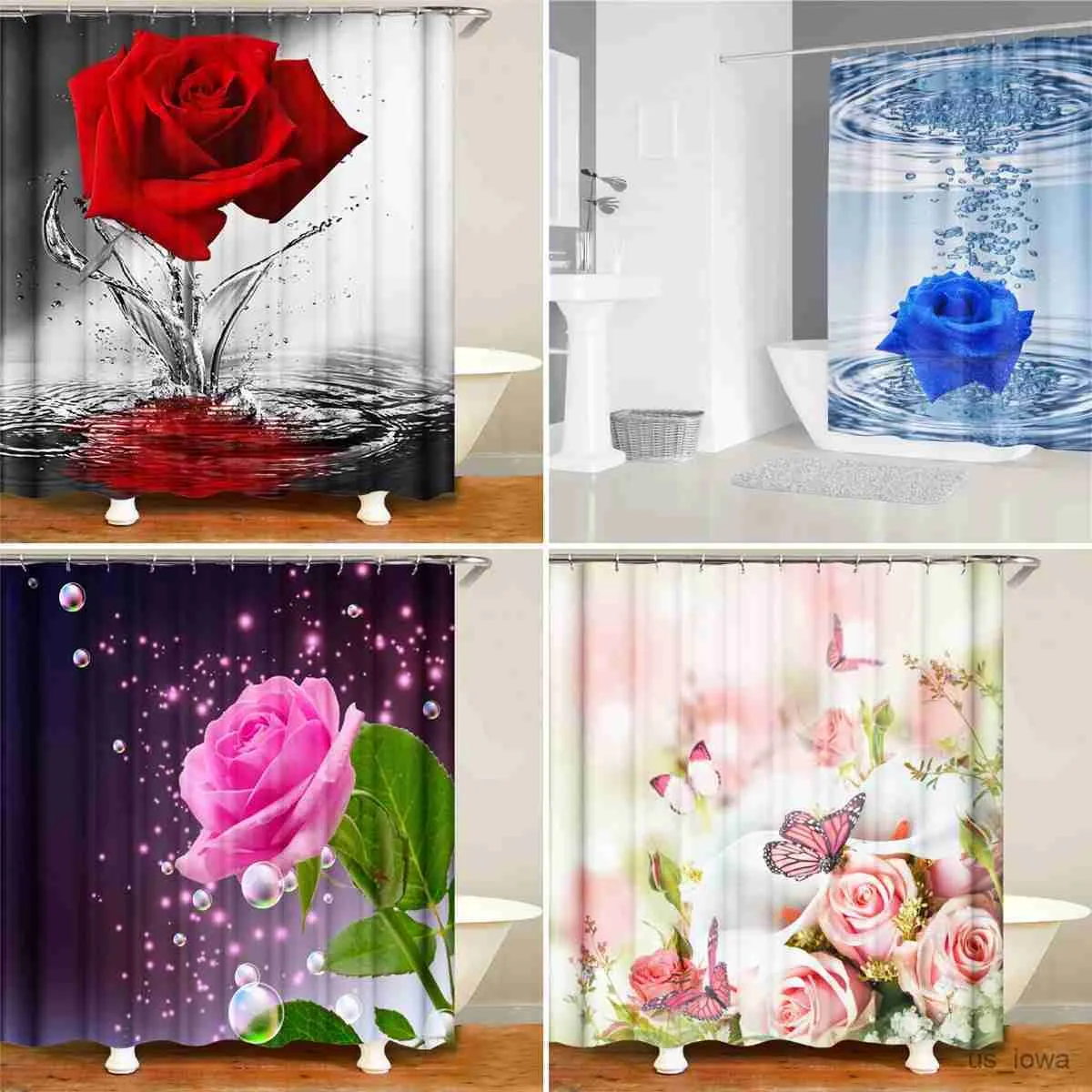 Shower Curtains 3D Blue Red Pink Rose Print Shower Curtain Bathroom Bathing Screen Fabric Bath Floral Curtain with Kitchen Home Decor