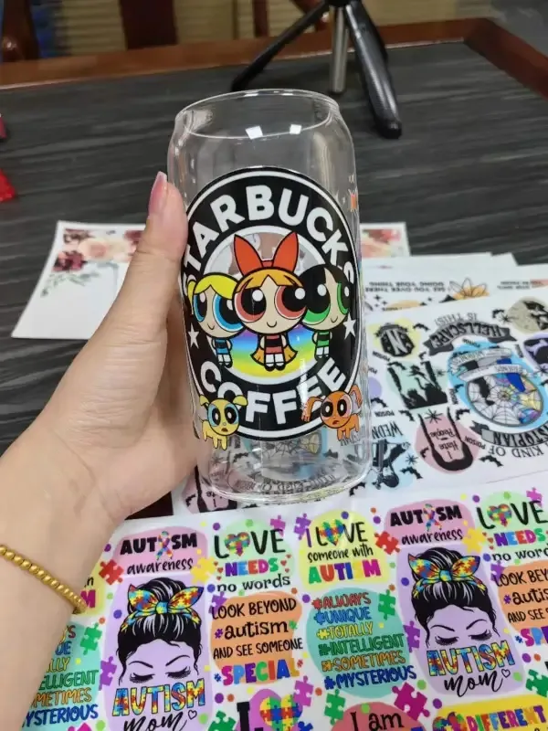 UV DTF Cup Wrap Transfer sticker voor 16oz Glass Can 9.5*4.3 inch Waterproof Clear Film Transfer Paper tumbler Wrap Rub on Decals 800 designs