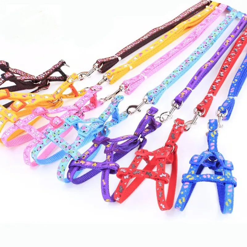 12pcs/Lot Small Dog Pet Puppy Cat Adjustable Nylon Harness with Lead leash Multi-colors Patch Printed Collar Halter Harness Leas 201101