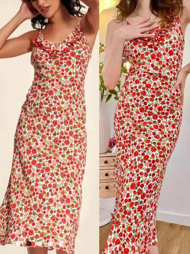 Casual Dresses Red Floral Sling Dress Women Viscose Ruffles ärmlös Prairie Chic Slim Summer 2023 Kvinnlig Spaghetti Strap Midi Robe