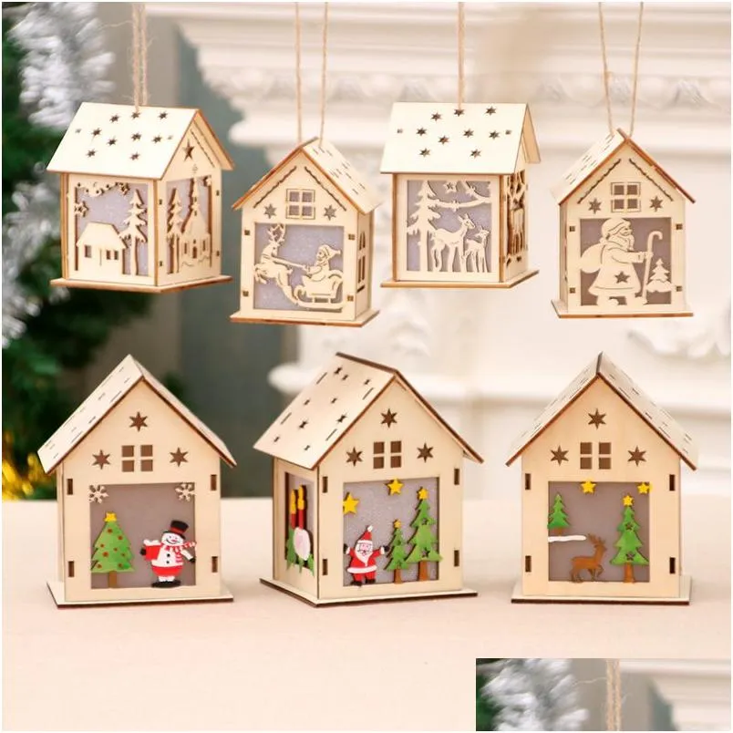 Christmas Decorations Led Candle Light Wood House Hanging Tree Ornament Diy Home Holiday Decoration Nice Wedding Xmas Festival Gift Dh9Se